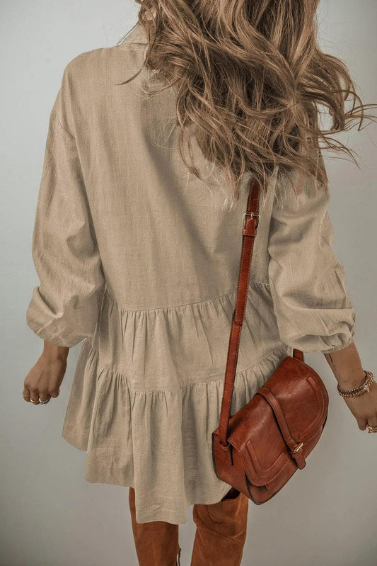 Dresses/Mini Dresses Tan Puff Sleeve Buttoned Tiered Pleated Shirt Mini Dress