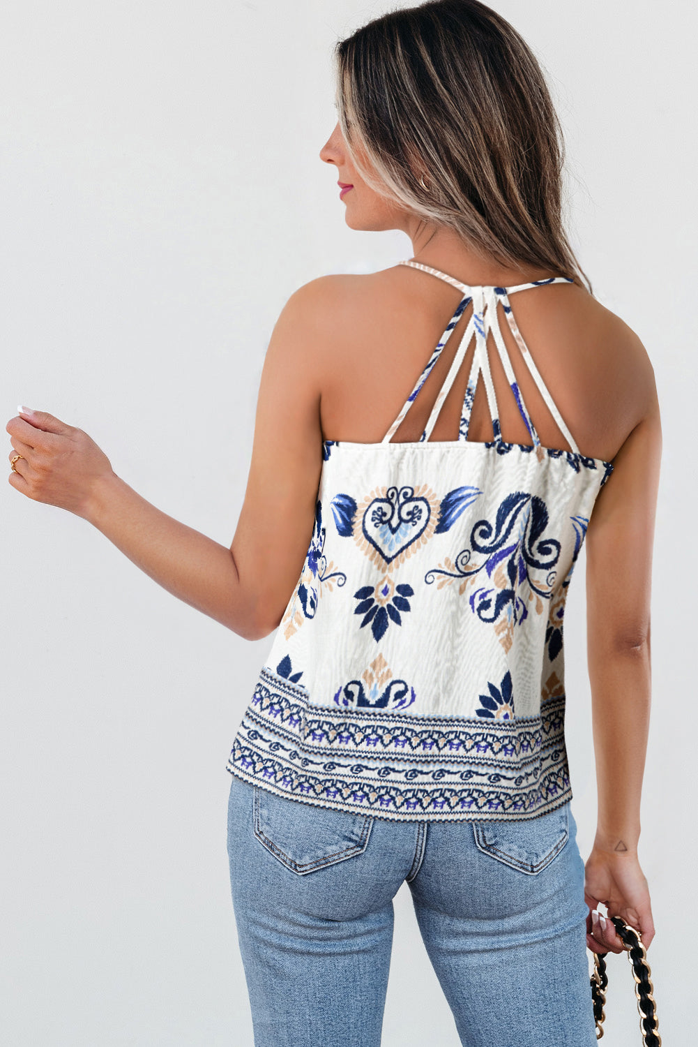 Blue Bohemian Fashion Print Spaghetti Straps Loose Tank