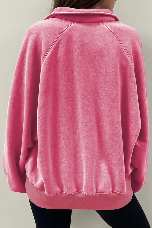 Pink Solid Snap Buttons Collared Balloon Sleeve Oversized Sweatshirt - Chic Meadow Boutique
