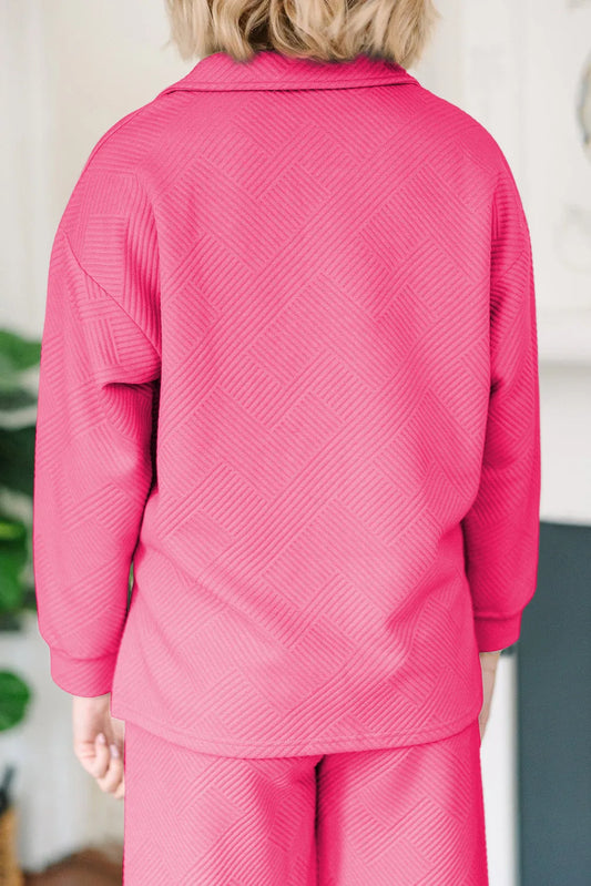 Bonbon Solid Textured Collared V Neck Top and Wide Leg Pants Set - Chic Meadow Boutique