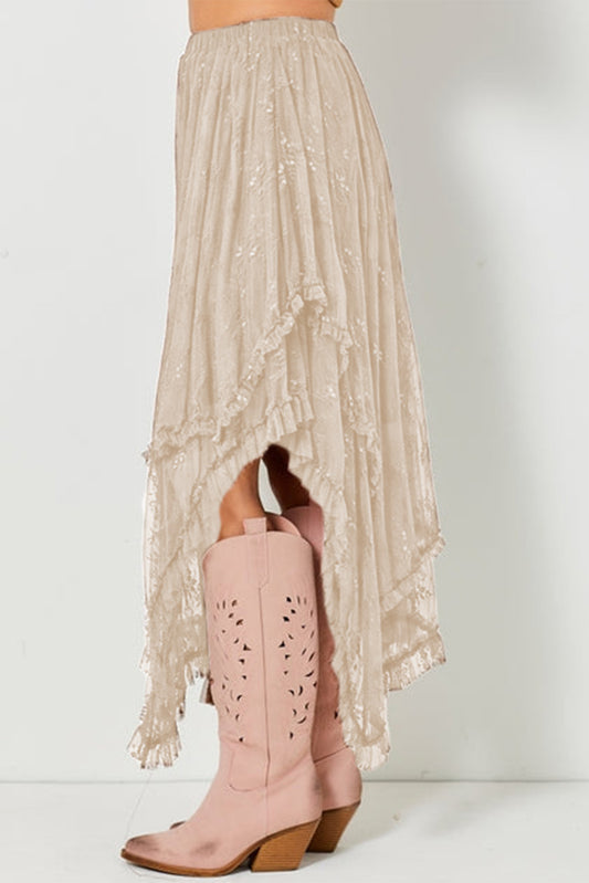 Apricot Lace Cascading Tiered High Waist Maxi Skirt