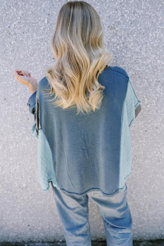 Tops/Long Sleeve Tops Dusk Blue Colorblock Stitching Patchwork Buttoned Long Sleeve Top