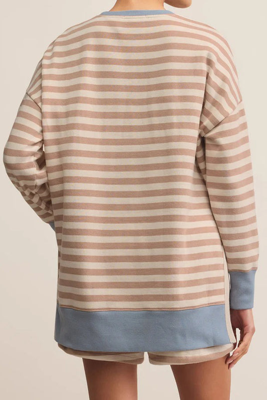 Khaki Stripe Color Block Patchwork Oversized Pullover 2pcs Shorts Set