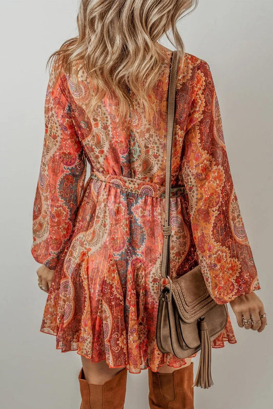 Dresses/Mini Dresses Orange Boho Paisley Print Long Sleeve Pleated Belted Mini Dress