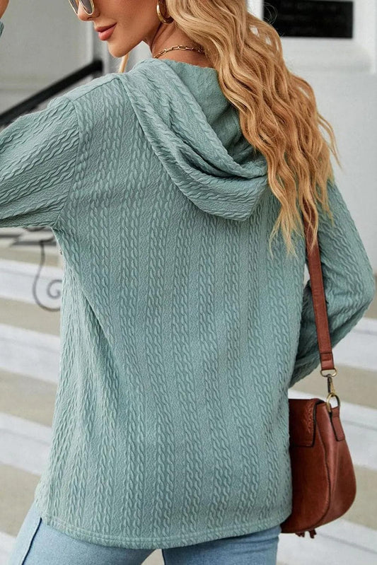 Tops/Long Sleeve Tops Mint Green Button Front Textured Drawstring Hooded Long Sleeve Top