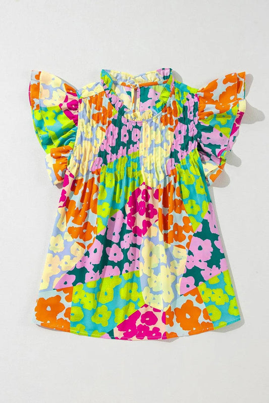 Tops/Blouses & Shirts Multicolour Abstract Print Pleated Flutter Sleeve Blouse