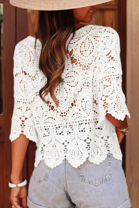 Tops/Blouses & Shirts Oatmeal Bohemian Macrame Lace Crochet Half Sleeve Blouse