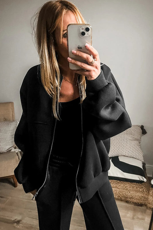 Black Solid Seamed Zipper Jacket and Drawstring Waist Pants Set - Chic Meadow Boutique