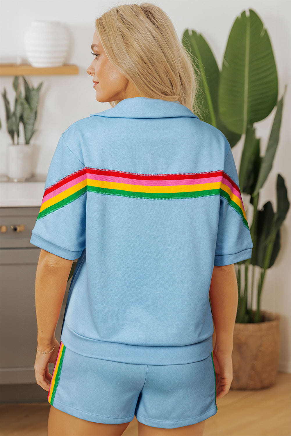 Sky Blue Rainbow Colorblock Collared Short Sleeve Top 2 Piece Shorts Set