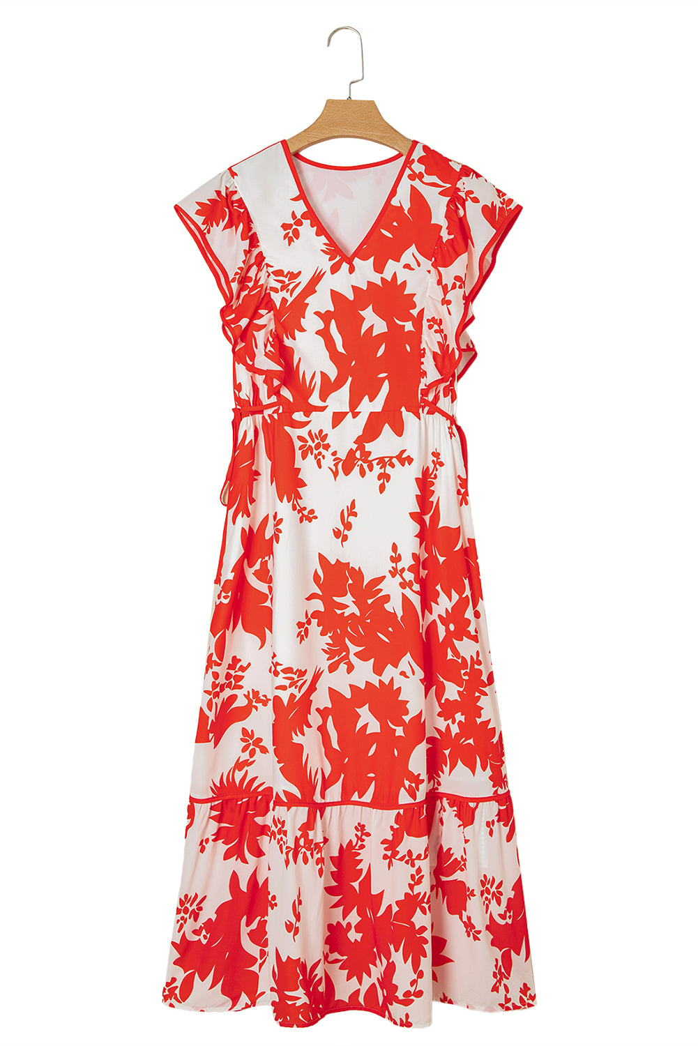 Red Floral Print Trimmed V Neck Ruffle Sleeve Long Dress