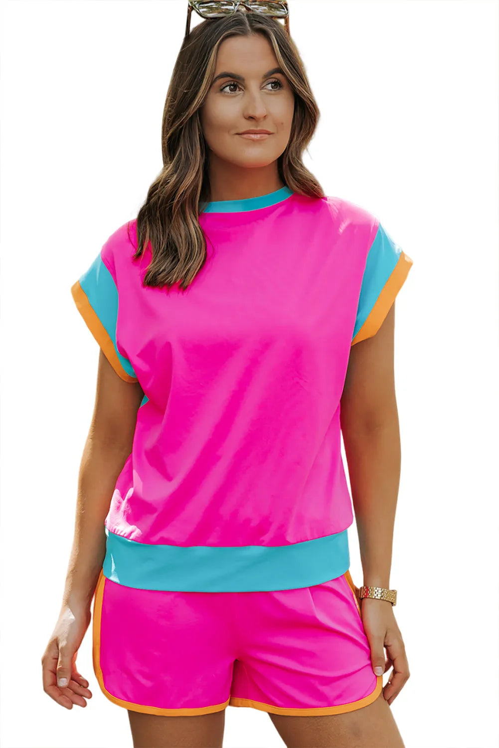 Rose Red Contrast Trim Cap Sleeve Tee Shorts Set - Chic Meadow Boutique