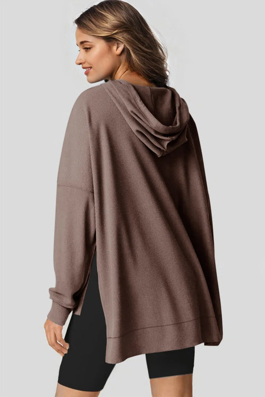Coffee Waffle Knit Fleece Lined High Low Oversized Hoodie - Chic Meadow Boutique