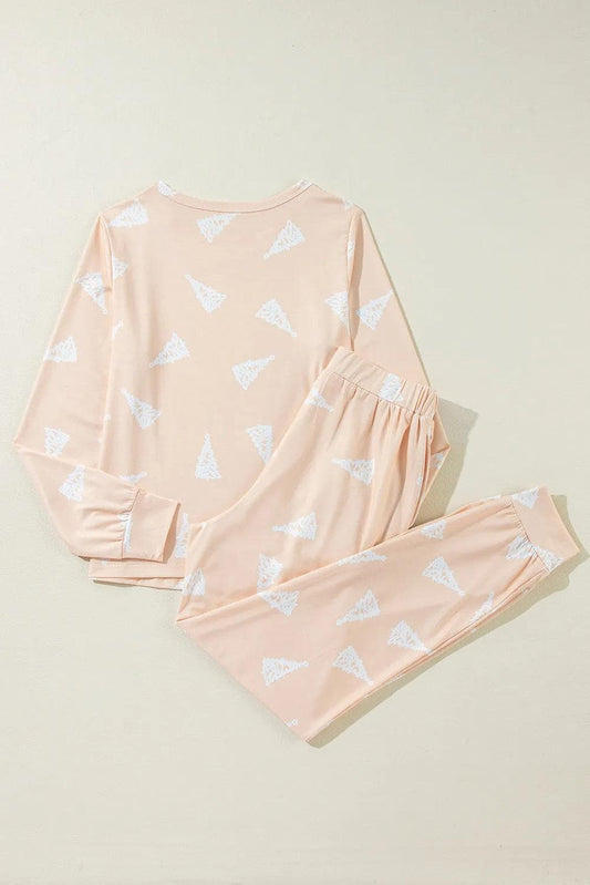 Loungewear & Sleepwear/Loungewear Apricot Christmas Tree Print Loose Fit Two Piece Pajama Set