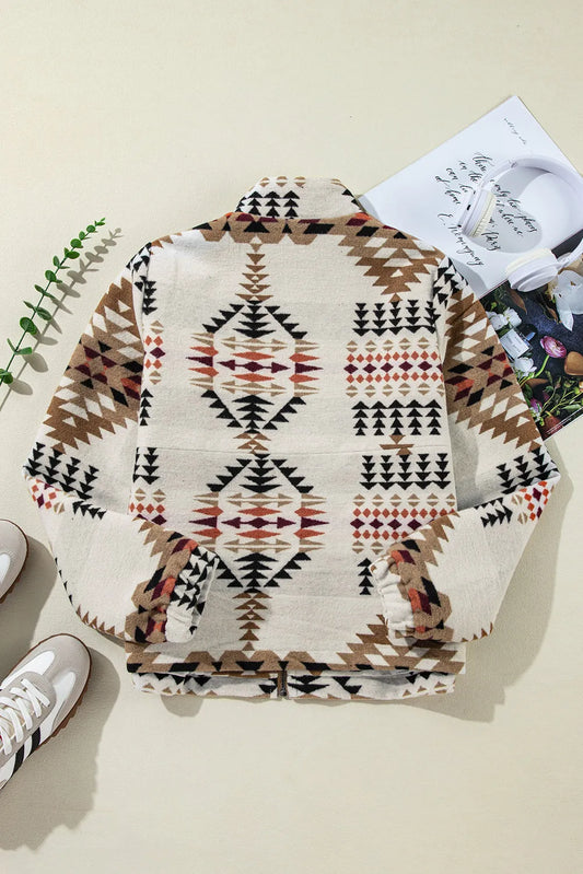 Beige Aztec Printed Stand Neck Zip Up Jacket - Chic Meadow Boutique
