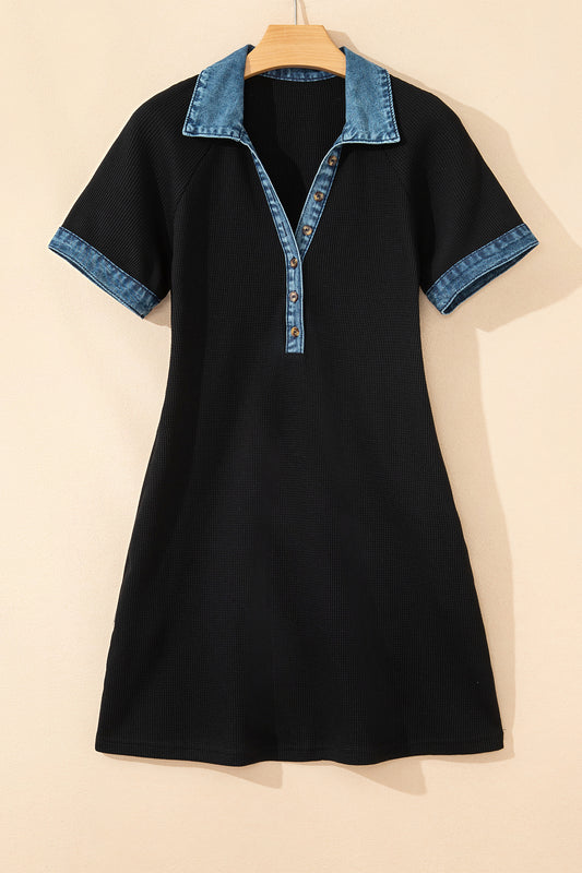 Black Waffle Knit Denim Contrast Trim Patchwork Button Polo Tee Dress