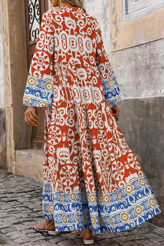 Dresses/Maxi Dresses Orange Boho Geometric Printed Long Sleeve Maxi Dress