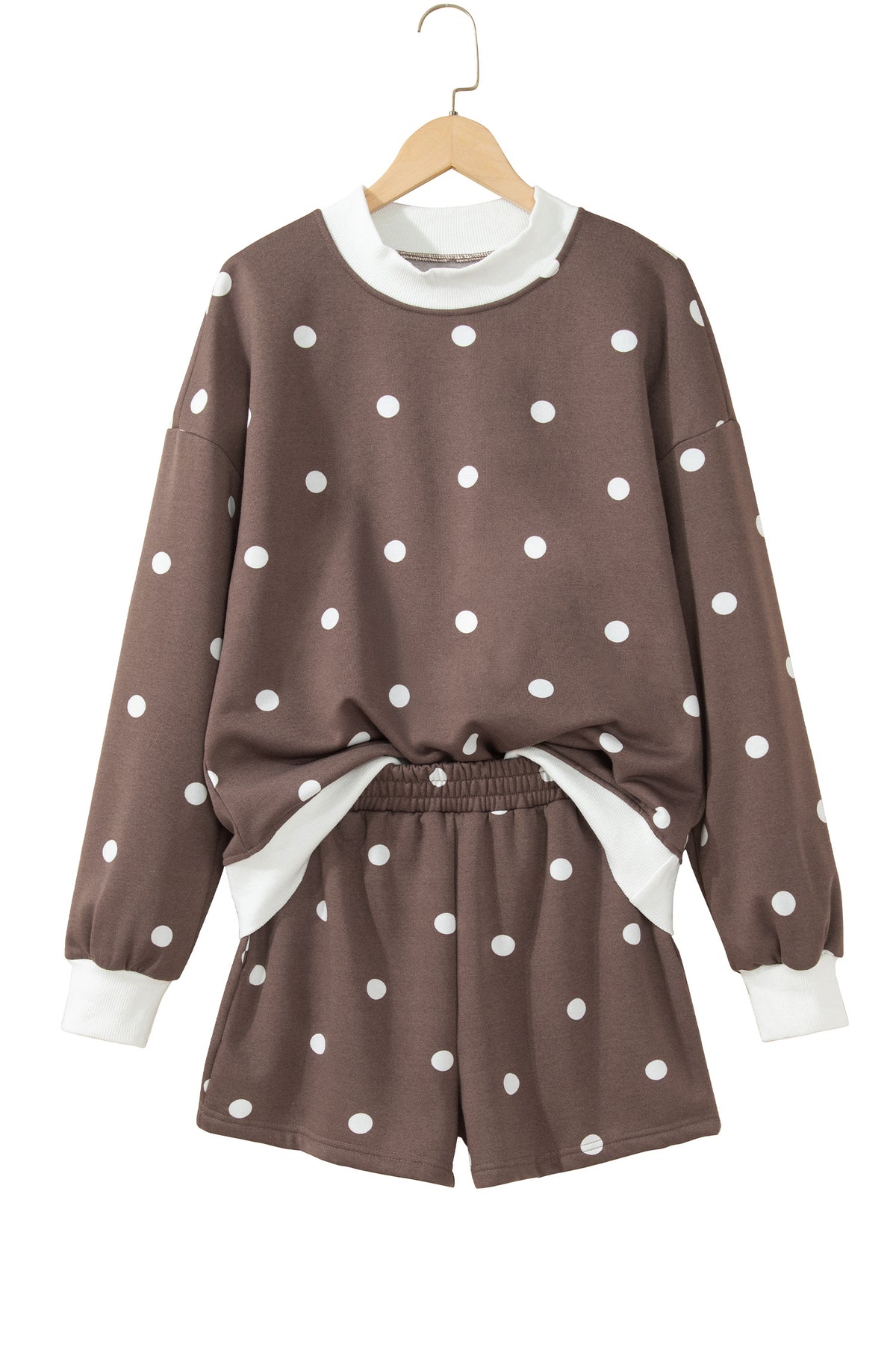 Brown Polka Dot Ribbed Trim Long Sleeve Top Casual Short Set