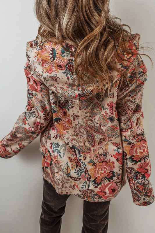 Beige Vintage Paisley Floral Printed Sherpa Lined Hooded Jacket - Chic Meadow Boutique
