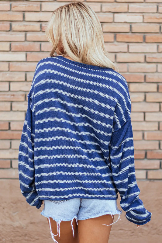 Sky Blue Stripe Drop Shoulder Casual Sweater - Chic Meadow Boutique