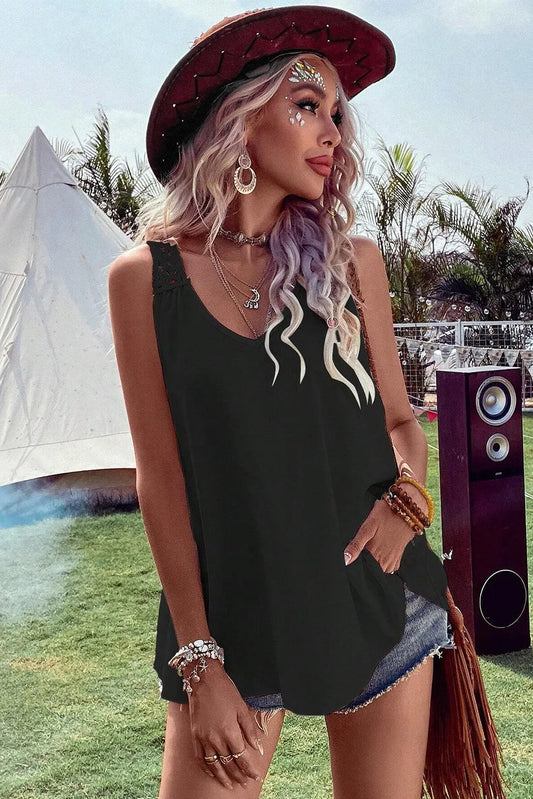 Black Bohemian Crochet Patchwork Sleeveless Tunic - Chic Meadow Boutique