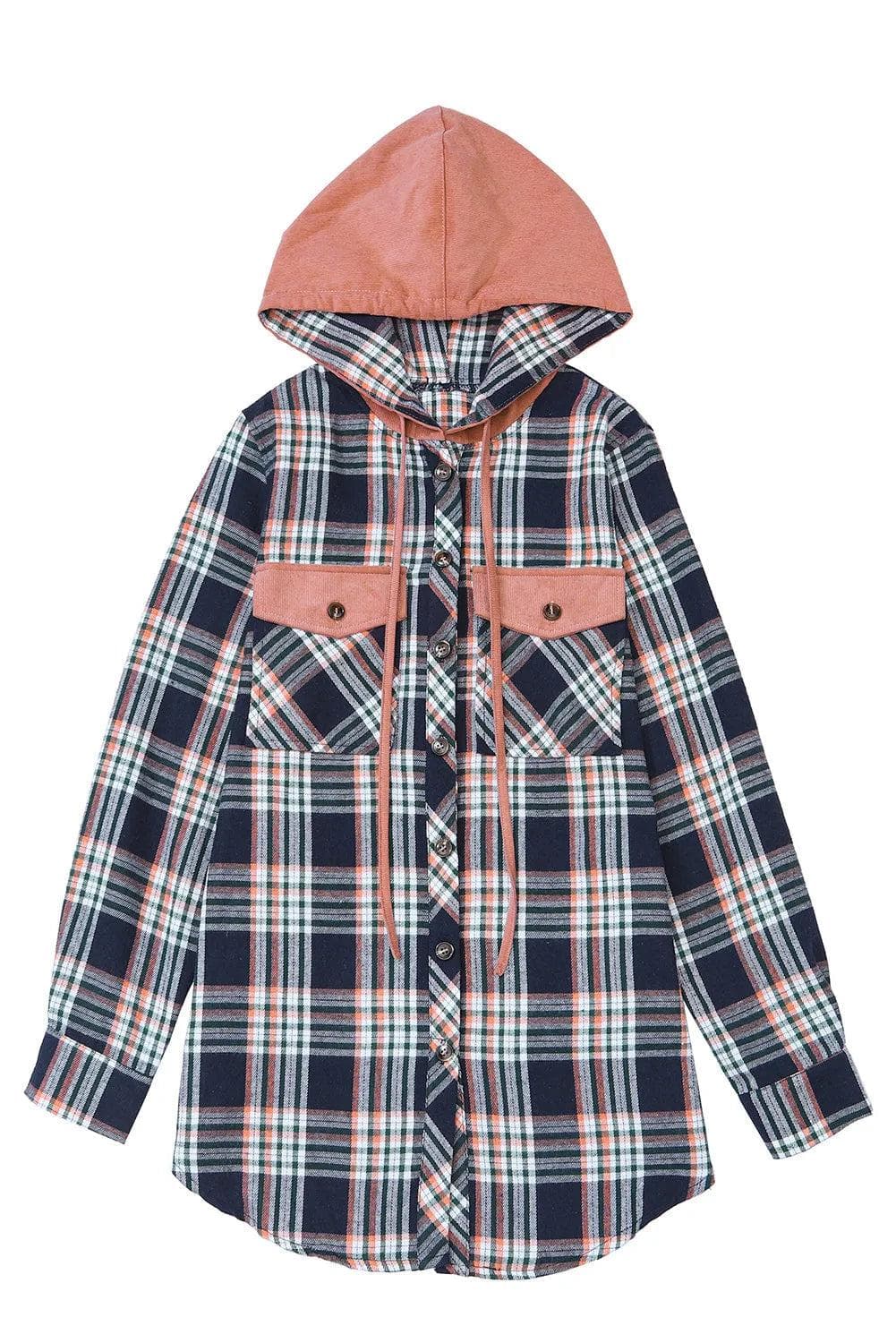 Outerwear/Jackets Pink Contrast Hooded Drawstring Plaid Shacket