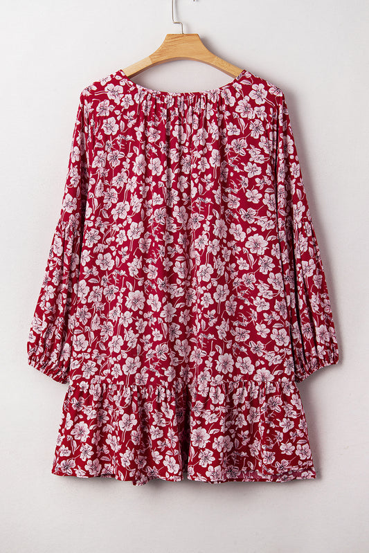 Purple Plus Floral Balloon Sleeve V Neck Relaxed Dress