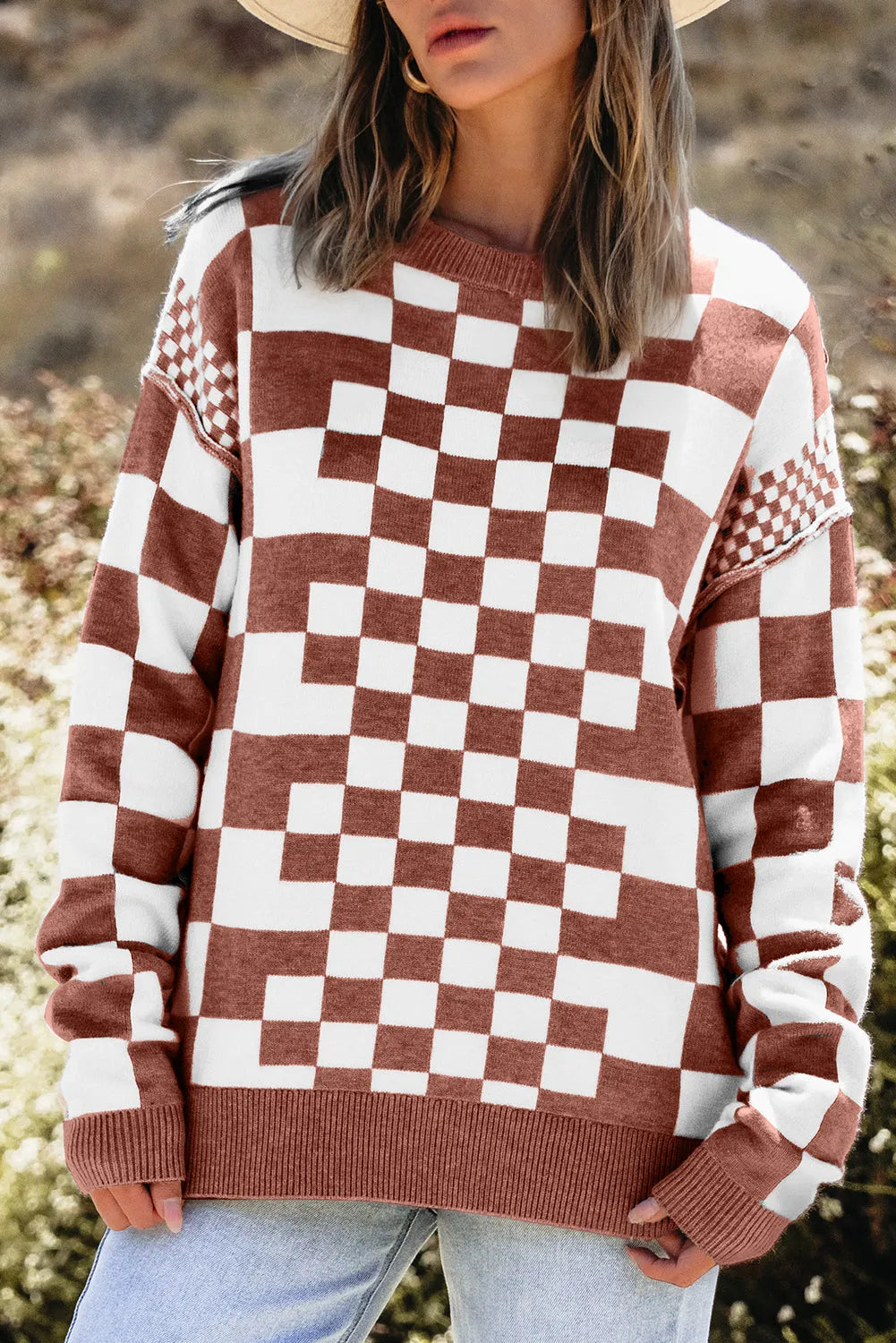 Brown Checkered Print Drop Shoulder Round Neck Sweater - Chic Meadow Boutique