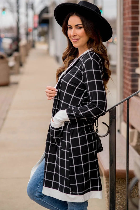 Black Plaid Colorblock Edge Open Cardigan with Pocket - Chic Meadow Boutique