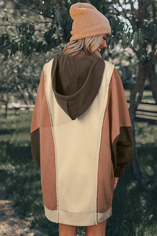 Beige Oversized Color Block Patchwork High Low Hoodie - Chic Meadow Boutique