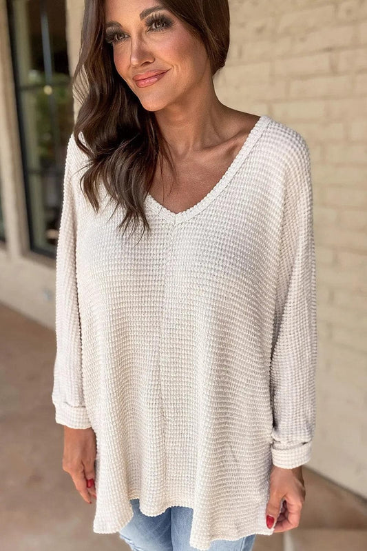 Tops/Long Sleeve Tops White Waffle Knit Side Slits Loose Fit V Neck Top