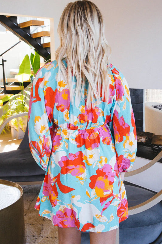 Sky Blue Floral Bracelet Sleeve Empire Waist Mini Dress - Chic Meadow Boutique