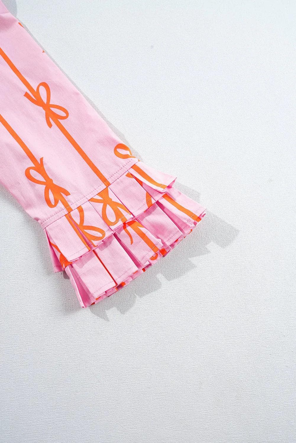 Dresses/Mini Dresses Pink Bowknot Striped Printed Tiered Ruffled Mini Shirt Dress