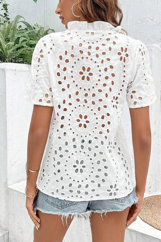 Tops/Blouses & Shirts White Geometric Embroidery Hollow Out Blouse