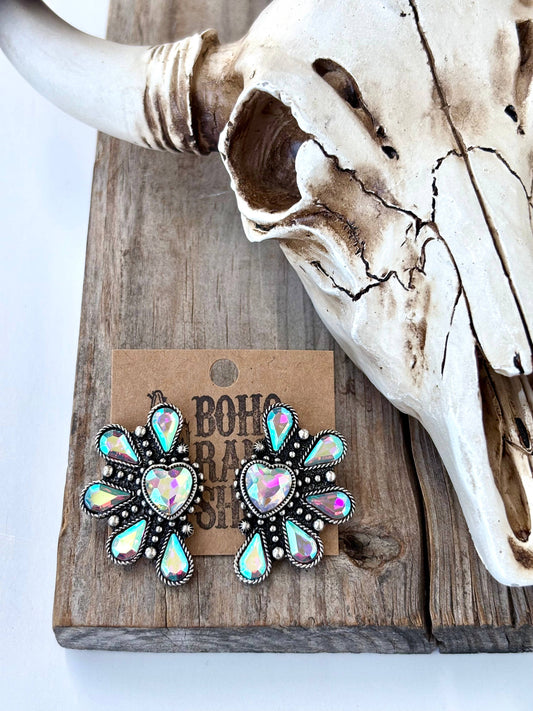 Western Heart Squash Blossom Turquoise Stone Stud Earrings