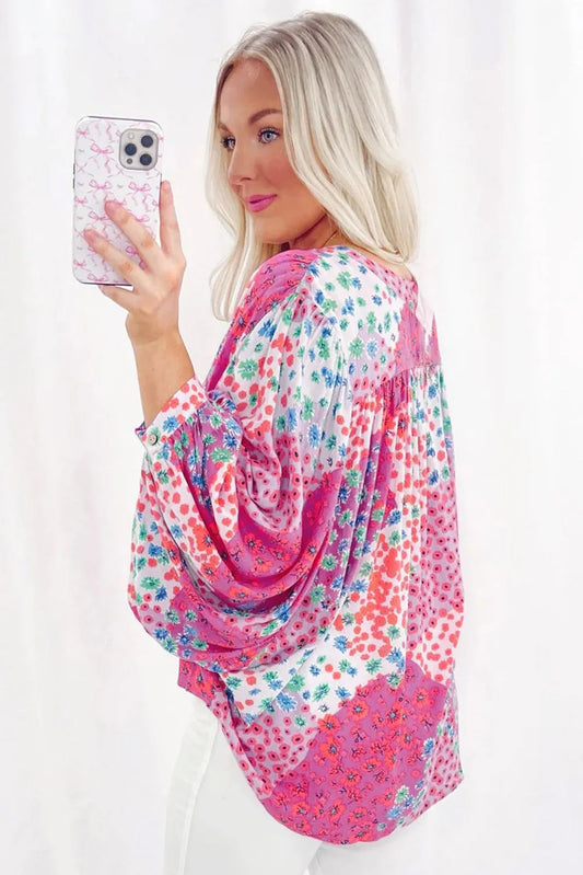 Rose Red Floral Allover Print Buttoned V Neck Oversized Shirt - Chic Meadow Boutique