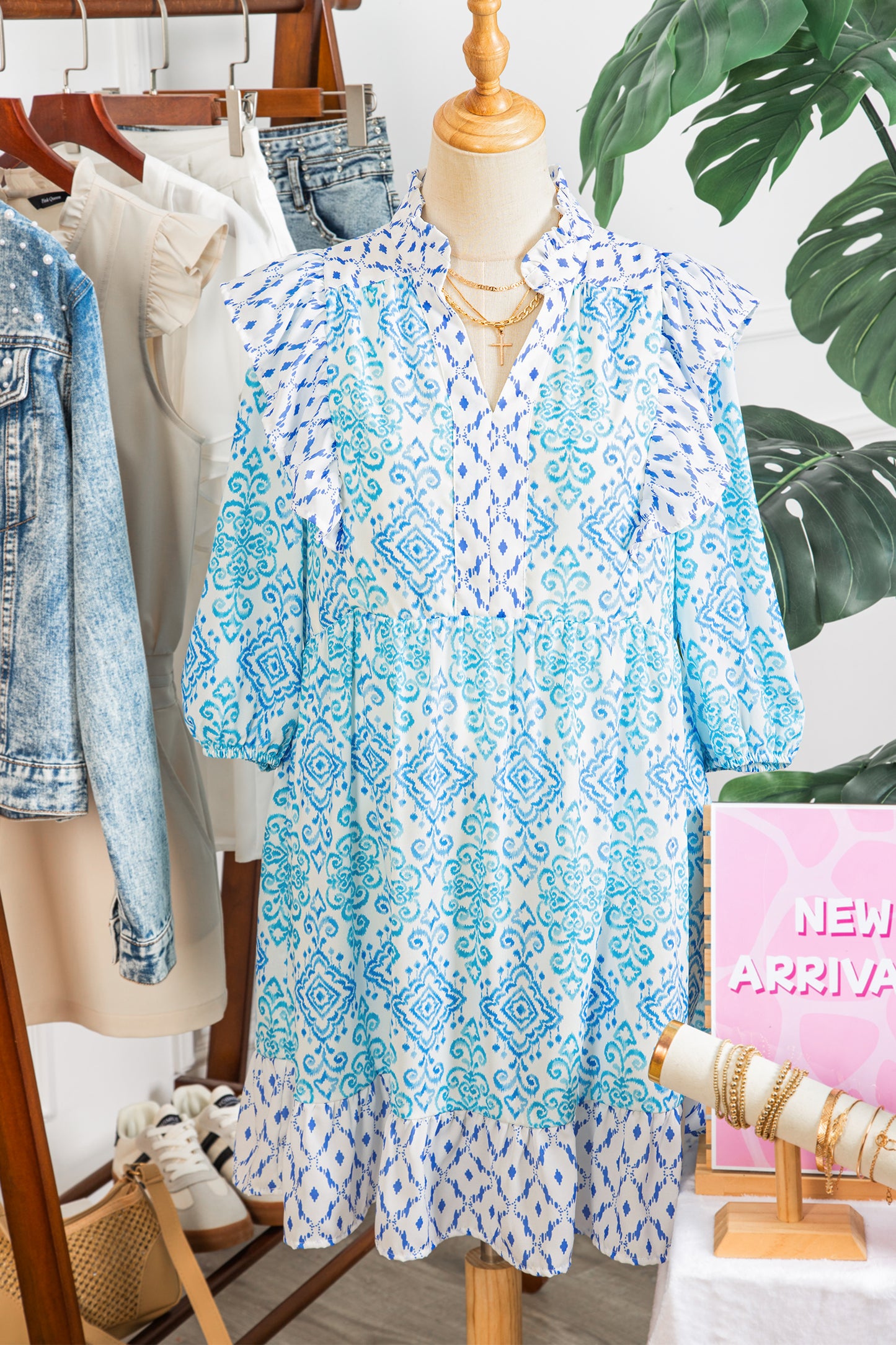 Sky Blue Boho Floral Geometric Patchwork Ruffle Detail Puff Sleeve Mini Dress