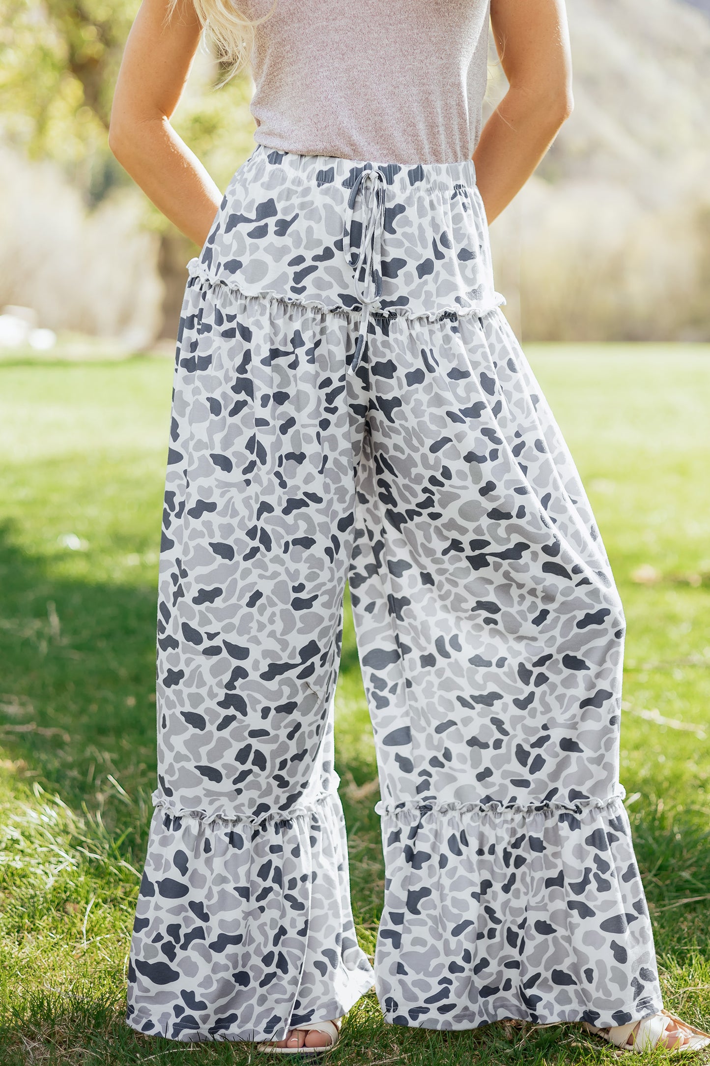 Beige Camo Print Wide Leg Casual Pants
