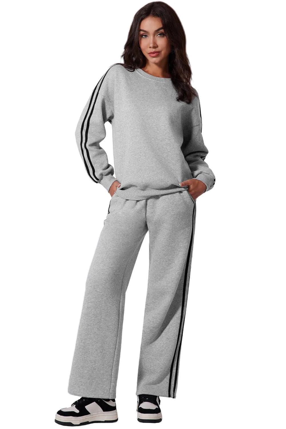 Activewear/Activewear Sets Light Grey Solid Color Side Striped Sweatshirt Active Set