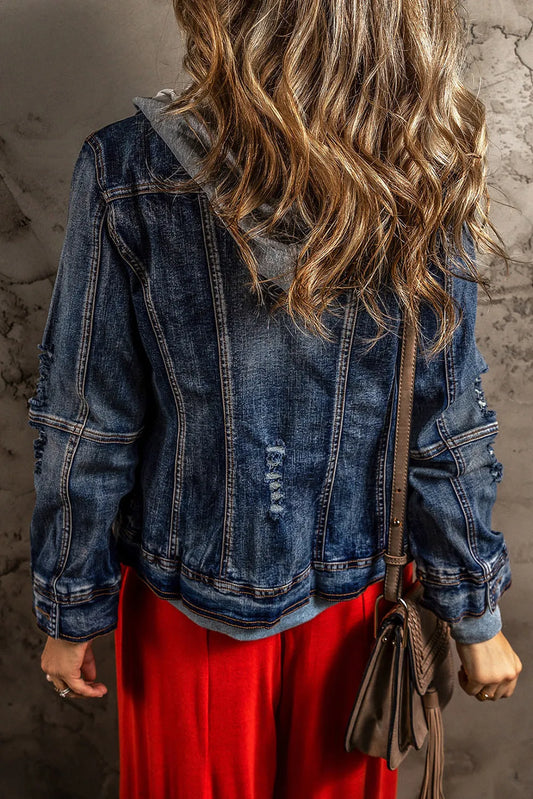 Dark Blue Fake Two-Piece Hooded Zip-Up Denim Jacket - Chic Meadow Boutique