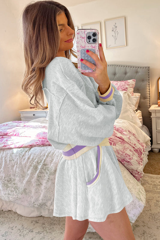 Light Grey Contrast Striped Bands Cropped Pullover and Athletic Short Set