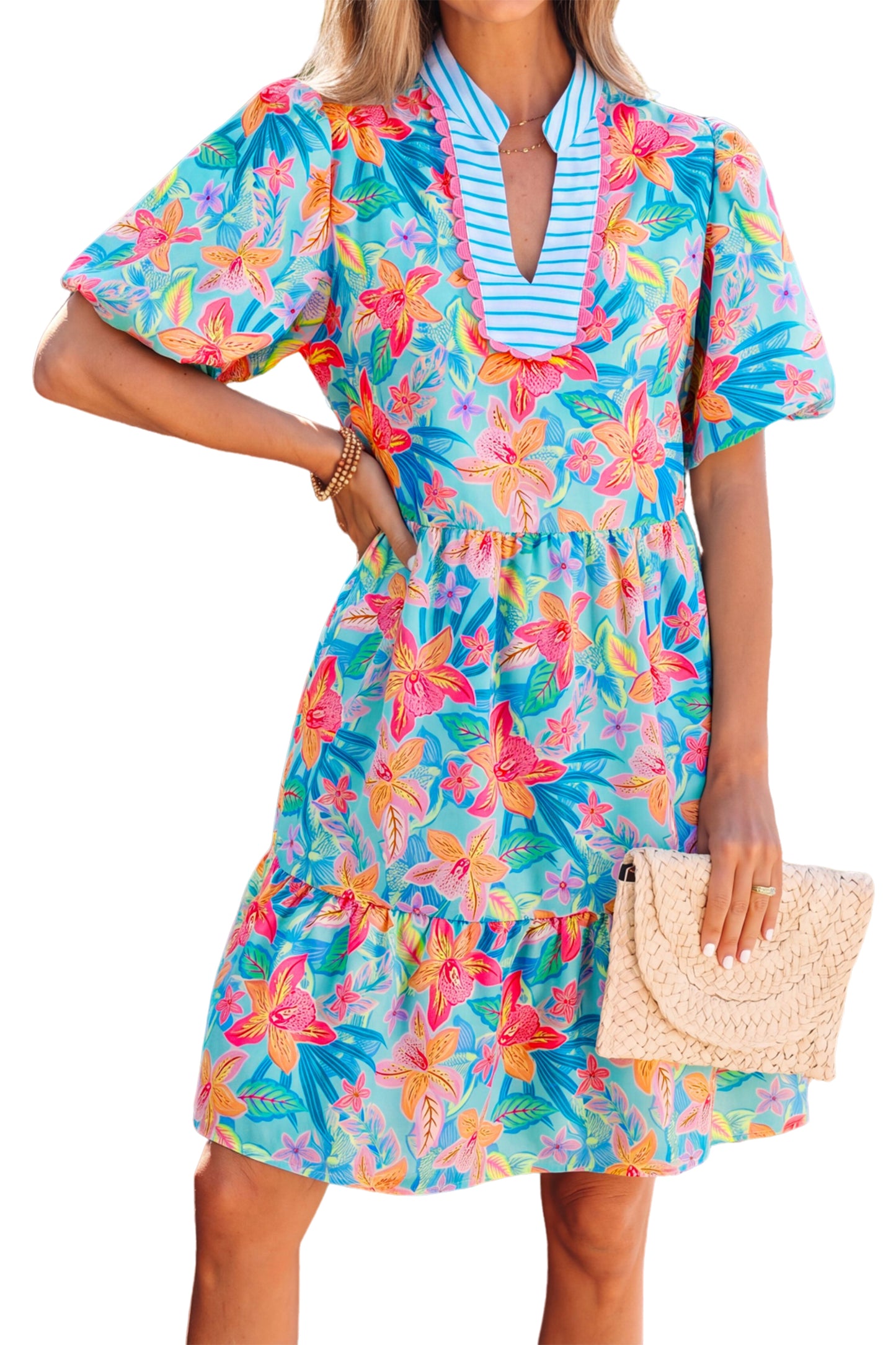 Multicolour Floral Print Contrast Scallop Striped Trim V Neck Dress