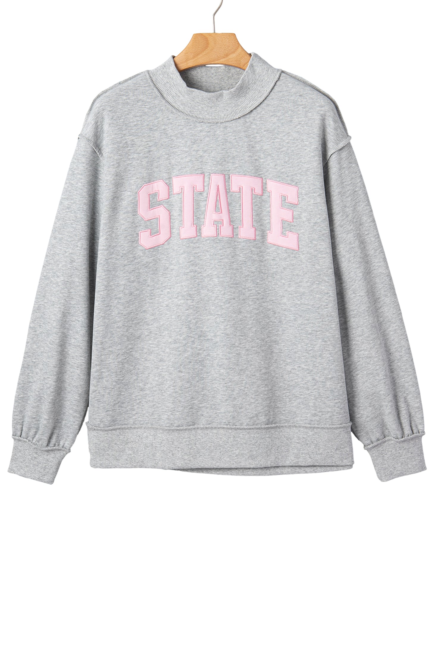Light Grey Exposed Seam Mock Neck Letter Embroidered Loose Sweatshirt