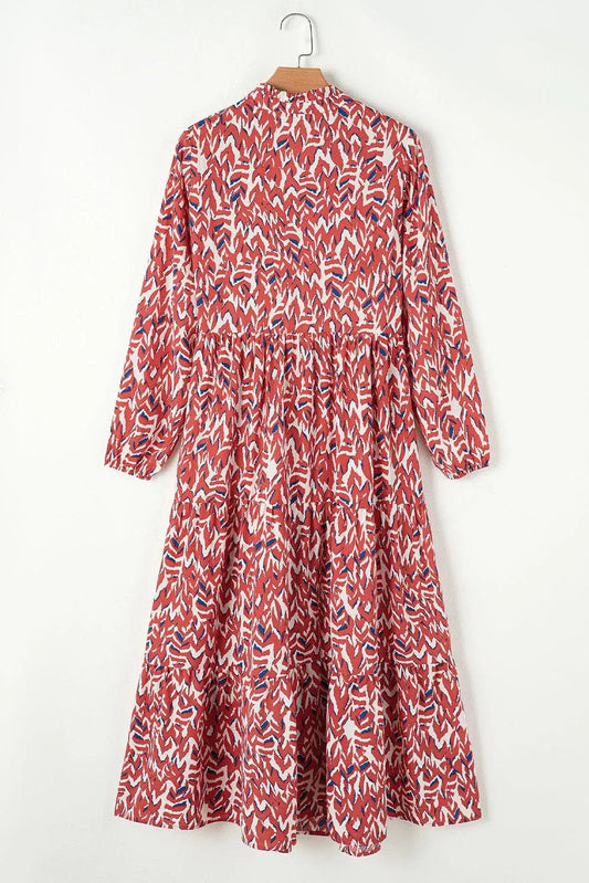 Dresses/Midi Dresses Orange Abstract Print V Neck Pleated High Waist Midi Dress