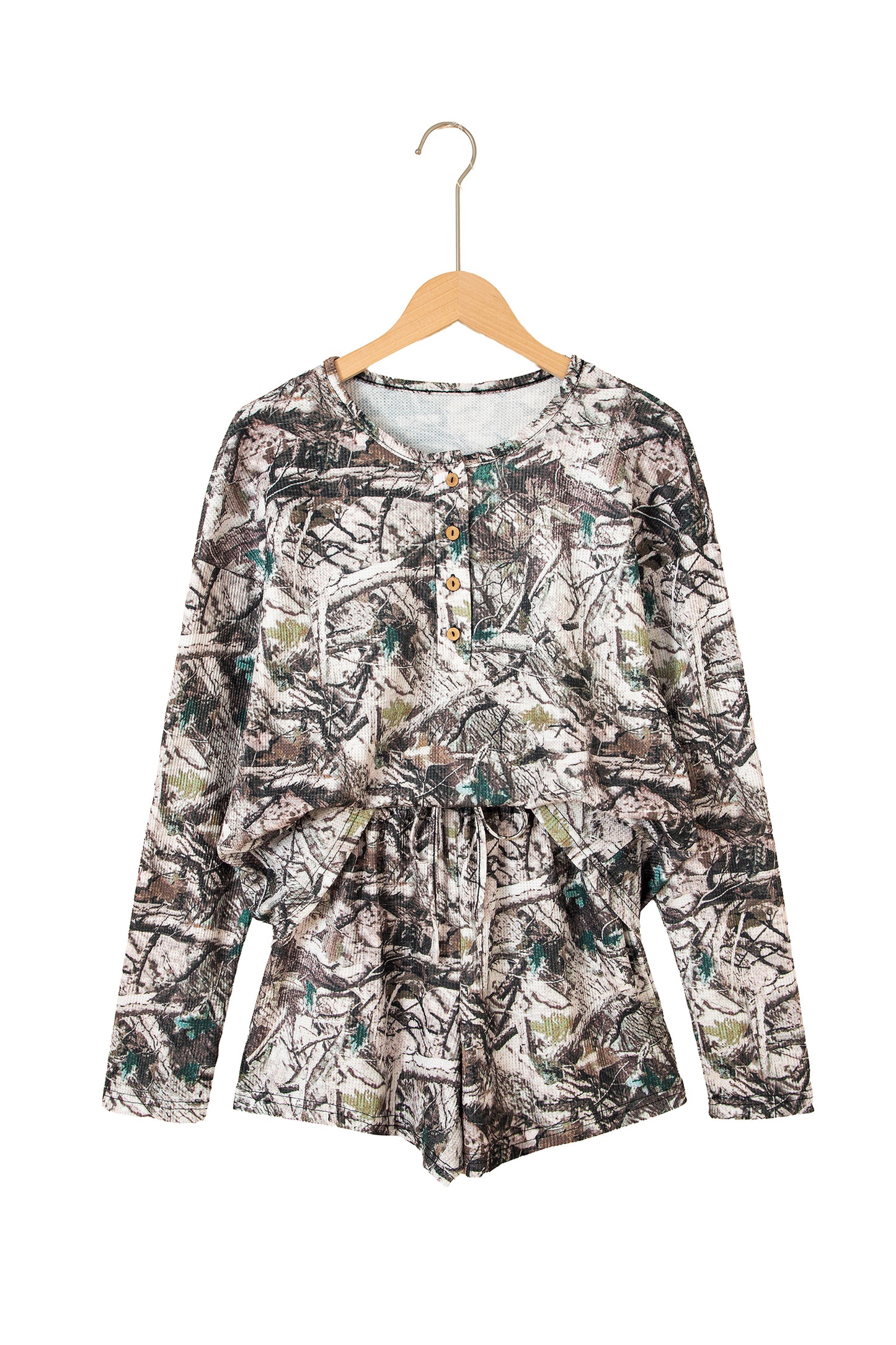 Brown Camo Long Sleeve Top Elastic Waist Shorts Two Piece Set