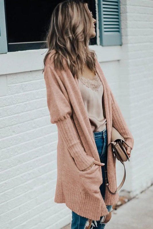 Sweaters & Cardigans/Cardigans Smoke Gray Ribbed Trim Puff Sleeve Open Cardigan