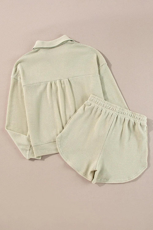 Two Piece Sets/Short Sets Parchment Textured Buttoned Long Sleeve Top 2 Piece Shorts Set