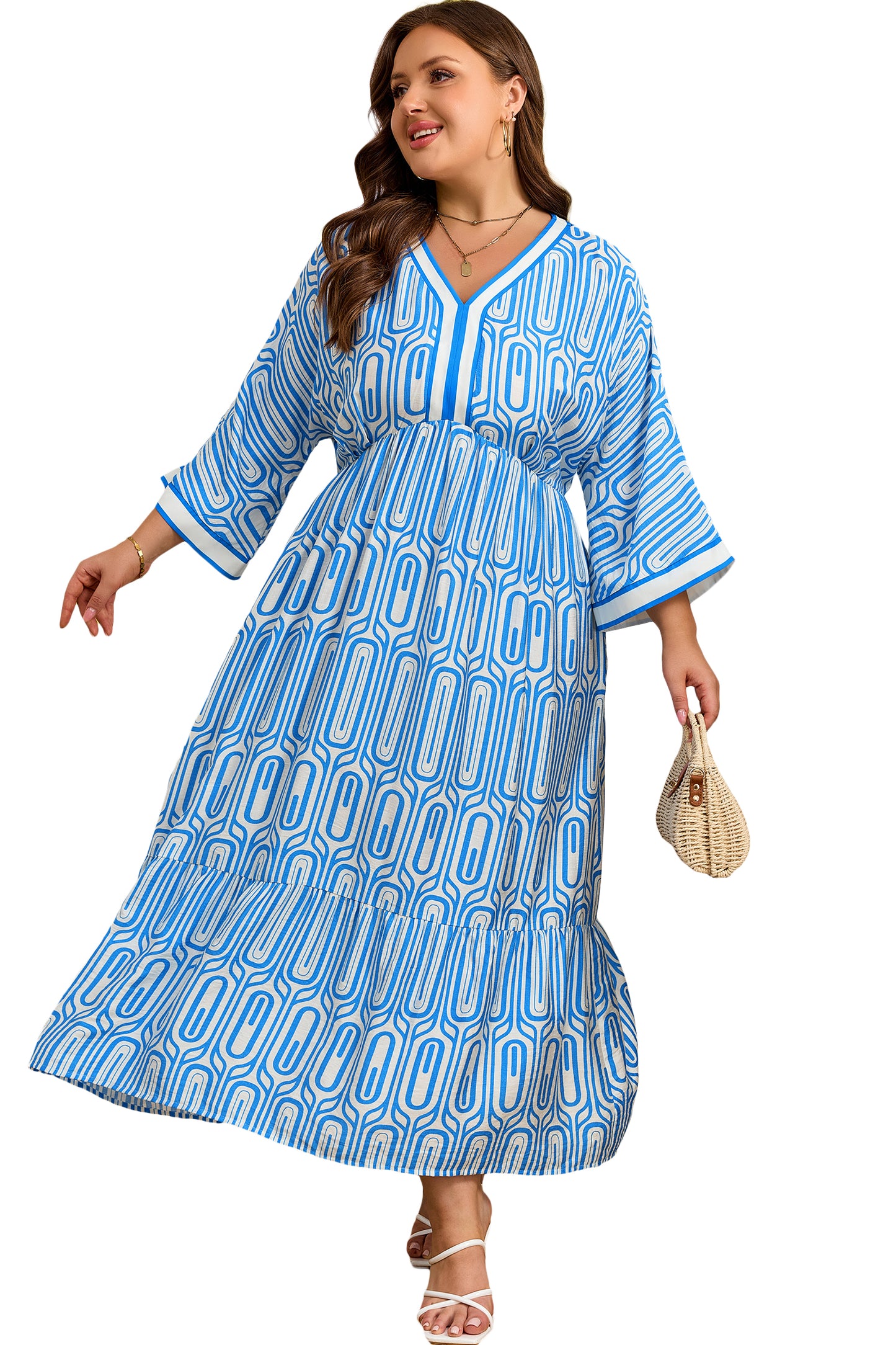 Sky Blue Plus Size Geometric Print Contrast Trim V Neck Bracelet Sleeve Long Dress