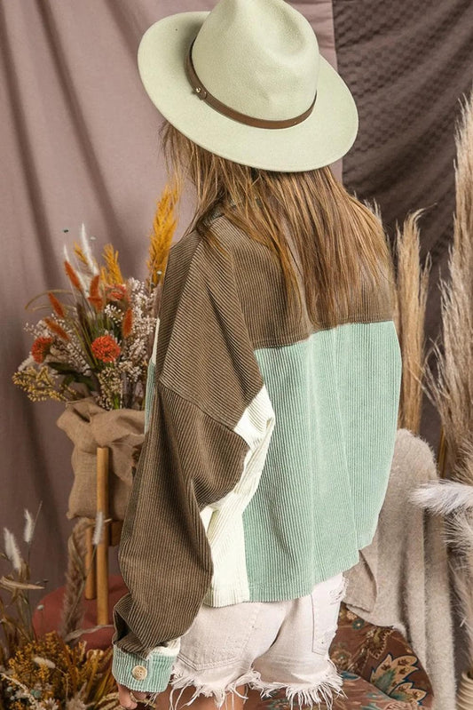 Outerwear/Jackets Green Color Block Patchwork Vintage Corduroy Jacket