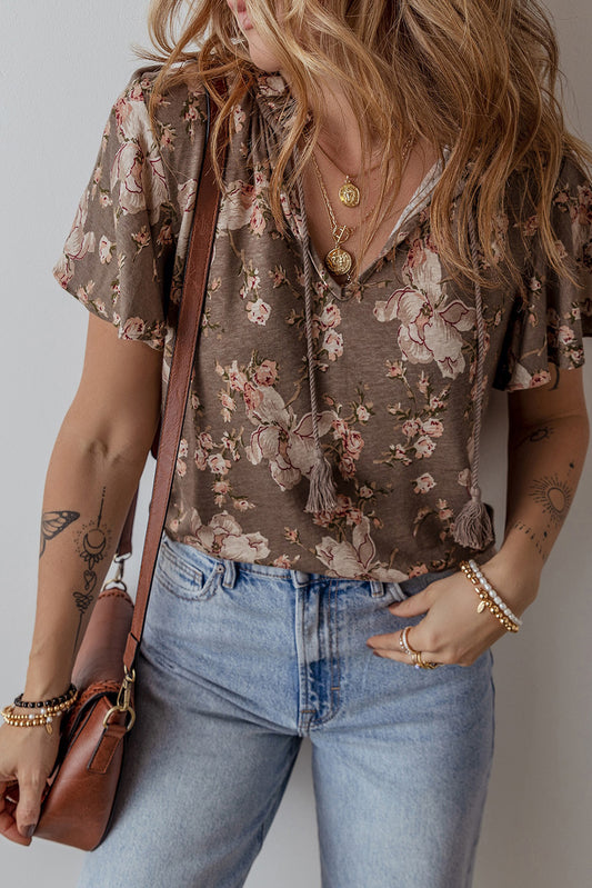 Khaki Retro Floral Print Tassel Tie Split Neck Short Sleeve Blouse