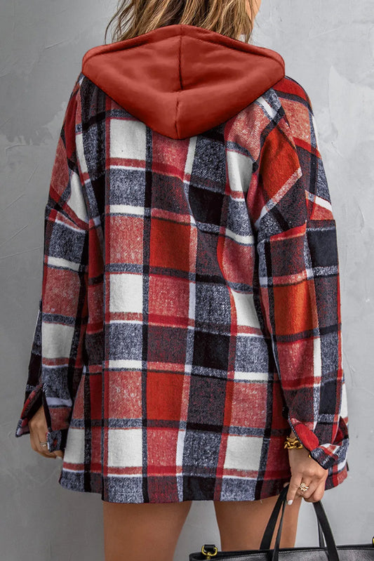 Fiery Red Hooded Plaid Button Front Shacket - Chic Meadow Boutique